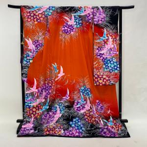 本振袖 引き振袖 正絹 青色 汕頭刺繍 花柄 古典 刺繍 結婚式 裄65.5cm