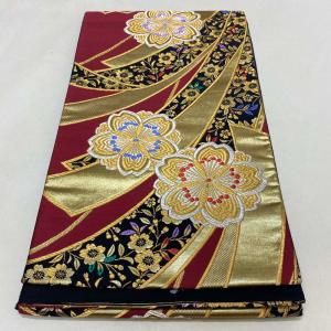 袋帯 美品 秀品 椿 流水 箔 金銀糸 赤 六通 正絹 中古 : リユース 