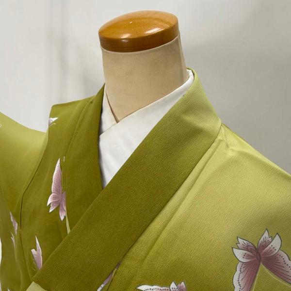小紋 単衣 洗える着物 裄63.8cm 身丈157cm 花柄 お洒落着 普段着 ポリエステル 緑 美...