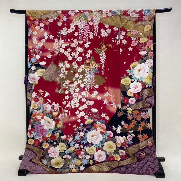 振袖 中古 赤 正絹 古典 裄66cm 身丈174cm 美品 M サイズ 成人式 5062