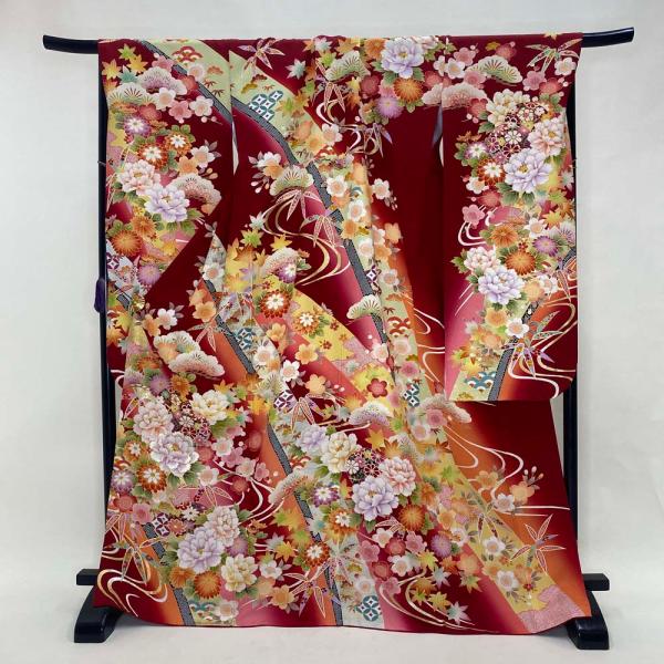 振袖 中古 赤 正絹 古典 裄72cm 身丈171cm 美品 2L サイズ 成人式 5077