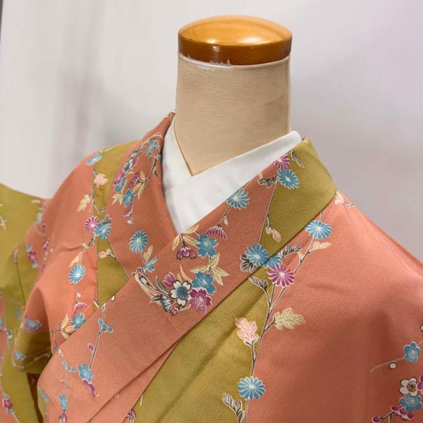 小紋 単衣 洗える着物 裄67cm 身丈162cm 花柄 お洒落着 普段着 ポリエステル ピンク 美...