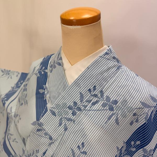 小紋 夏 絽 夏用 洗える着物 裄64.2cm 身丈148cm お洒落着 普段着 ポリエステル 水色...