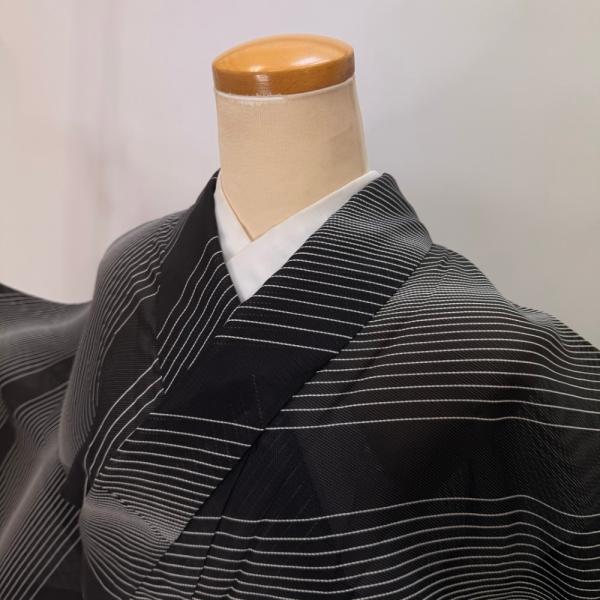 小紋 夏 絽 夏小紋 洗える着物 裄65.1cm 身丈151.3cm お洒落着 ポリエステル 黒 白...