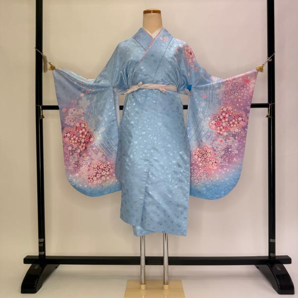 二尺袖 単品 卒業式着物 水色 裄68cm Lサイズ  袴用着物 化繊 中古 5824