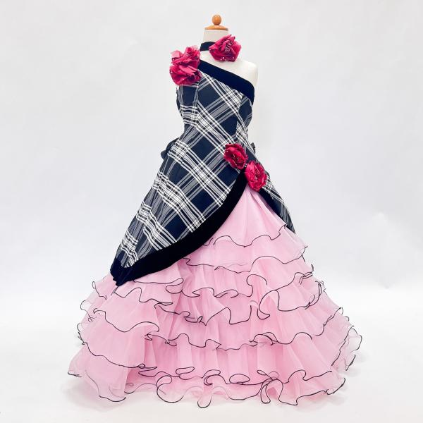 中古 キッズドレス　子供ドレス　黒白チェック　日本ウェディング　7才サイズ　撮影衣装　結婚式　ステー...