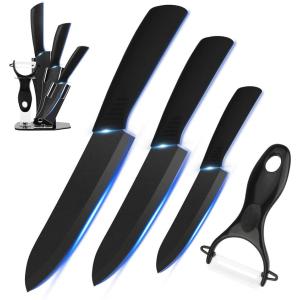 セラミック包丁セット ナイフ 黒刃 3本包丁 １つ皮むき器 １つ包丁収納スタンド カーブピーラー キッチン4点セット セラミックピーラー【全国送料無料】