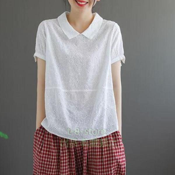 ブラウス シャツ トップス レディース 40代 5分袖 シャツブラウス レース 丸首 半袖 20代 ...