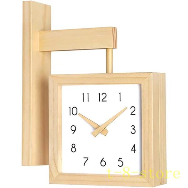 両面時計 木製掛け時計 クロック デザイン 時計 壁掛け時計 おしゃれ 無垢 木製指針 四角い 木製...