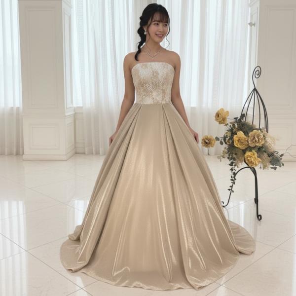 カラードレス  演奏会 発表会 舞台衣装 ベージュ 光沢 ロングドレス 結婚式 前撮り パーティドレ...