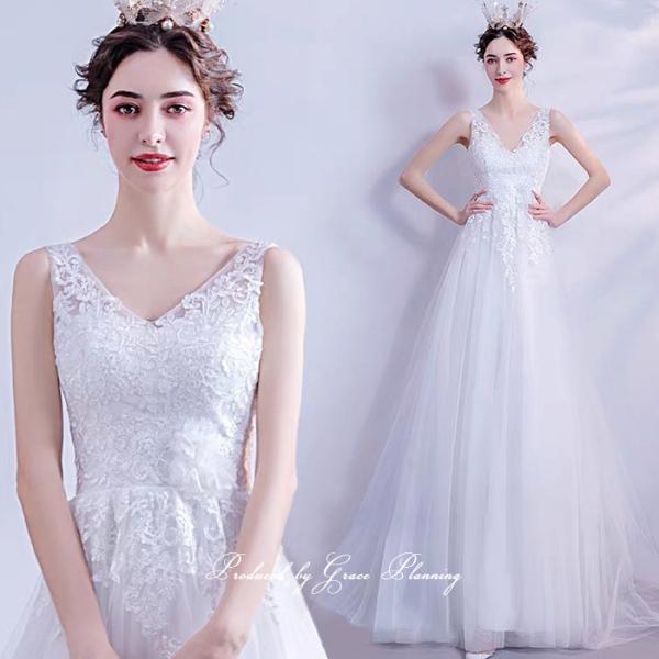 ウエディングドレス ウェディングドレス 結婚式 前撮り Ａライン スレンダーライン Vネック  白 ...