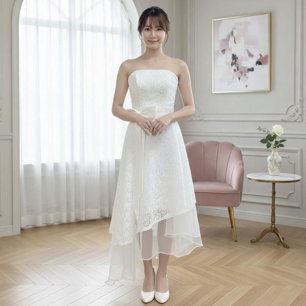 ウェディングドレス ミモレ丈 アンクル丈 ロング アシンメトリーが個性的  前撮り二次会  7号9号...