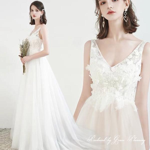 人気 ウェディングドレス ウエディングドレス 結婚式  前撮り 背中ファスナー  ホワイト ベージュ...