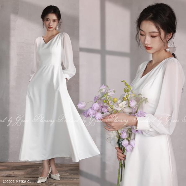 ウェディングドレス ウエディングドレス  結婚式 前撮り 二次会  袖あり 長袖　白 大きいサイズ　...