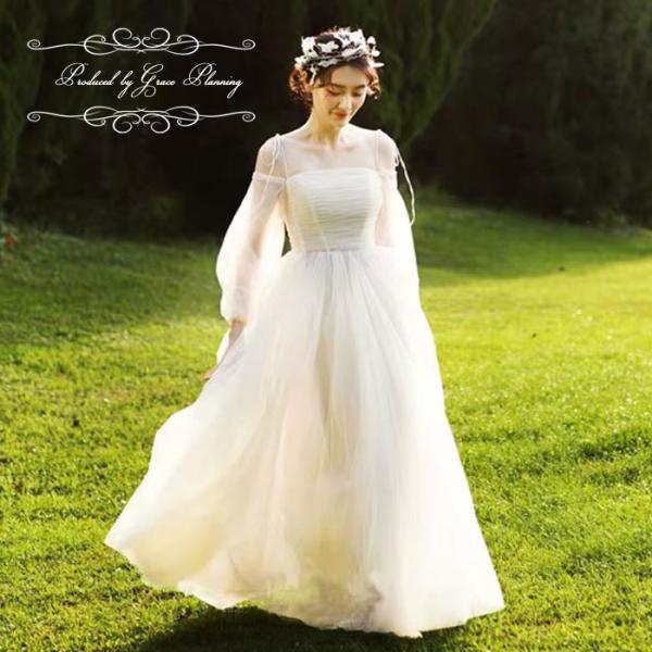 即日発送 ウェディングドレス ウエディングドレス  結婚式 前撮り 長袖 袖あり 二次会 花嫁 ブラ...