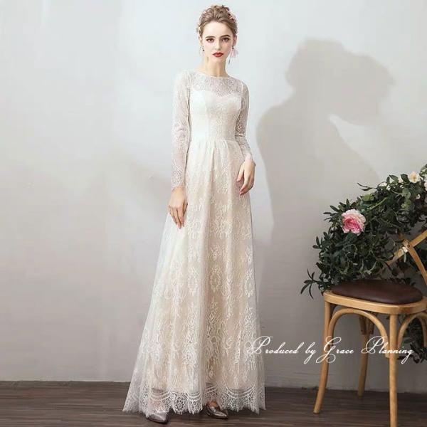 人気 ウェディングドレス ウエディングドレス 長袖 ベージュ 白 パーティドレス ワンピース スレン...