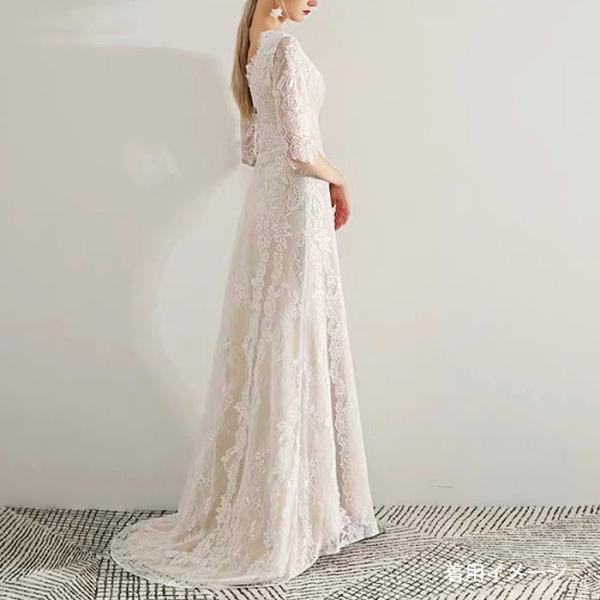 ウエディングドレス ベージュ  袖あり 七分袖 Vネック ファスナー パーティドレス  結婚式 前撮...