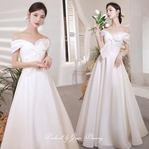 ウェディングドレス 透明感レースオフショルダー5部袖 ロングトレーン