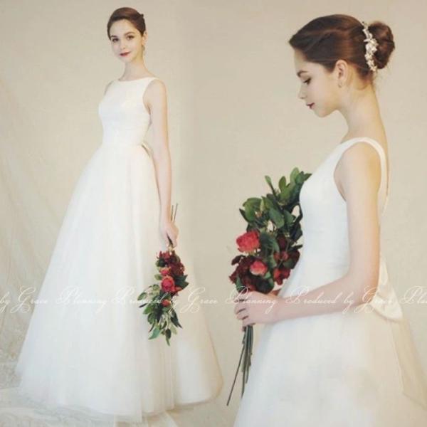 ウエディングドレス 結婚式 Aライン ロング丈 ミモレ丈  白ワンピース ウェディングドレス  花嫁...