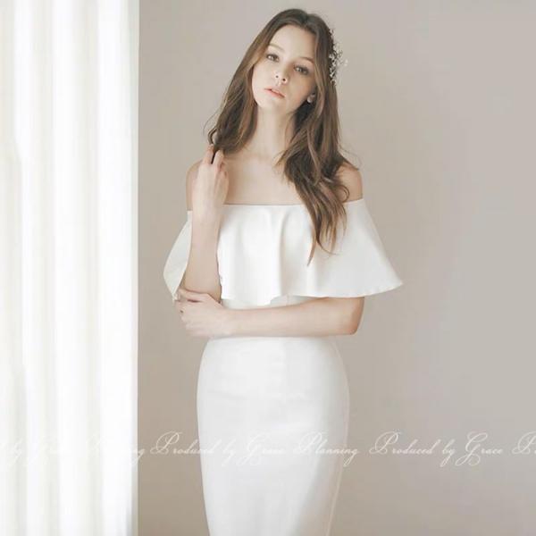 ウェディングドレス ウエディングドレス フレアオフショルダー 袖あり  スレンダーライン ファスナー...