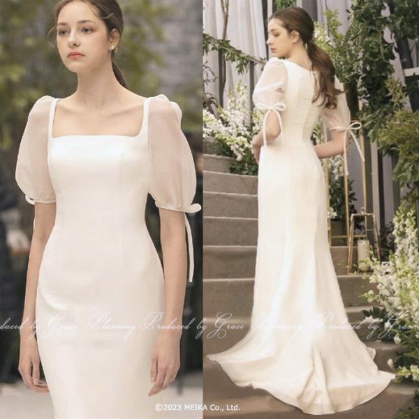 ウェディングドレス トレーン ソフトマーメイド 半袖 フォトウエディング 二次会 白 スレンダーライ...