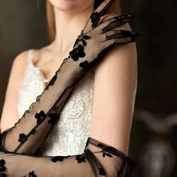 新商品 ウエディンググローブ 黒 ブラック 花柄 レースグローブ カラーグローブ ロンググローブ フ...