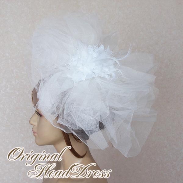 ウエディングヘッドドレス ベール チュール 大きな花の髪飾り ボリュームチュールのウェディングヘッド...