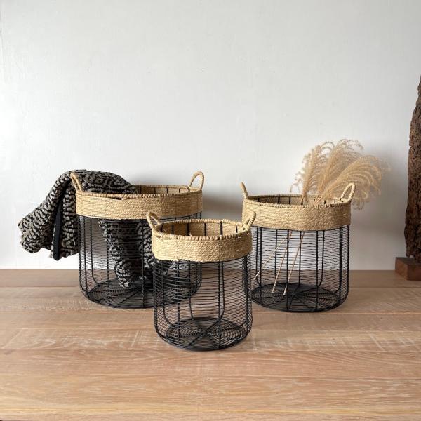Madam Stoltz バスケット かご アイアン 3個セット 麻 鉢カバー ランドリーバスケット
