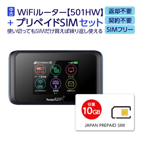 中古 Wifi モバイルルーター SIMフリー 501HW 10GB プリペイドsim セット 購入...