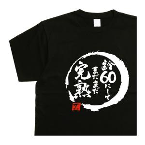 齢６０にしてまだまだ完熟 デザイン書道 ｔシャツ おもしろｔシャツ メンズ 大きいサイズ ５Ｌ 還暦 ドライｔシャツ 綿 赤 漢字｜t-time