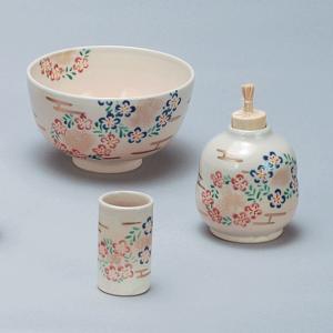 仁清風扇流 茶箱 三揃え 木場紅園作 茶道具 茶道具 茶箱用三点セット 陶器三点セット 陶器三つ揃 仁清写し