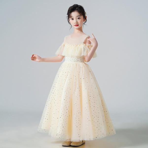 【大特価】オフショルダーロングドレス 子供 ドレス ロング丈 マキシ丈 半袖 肩出し フリル 袖 こ...