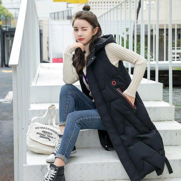 ロングアウター中綿入りレディース大きいサイズフード付きノースリーブ冬防寒着極暖軽量ジャケットオシャレ...