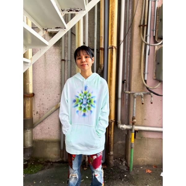 タイダイ染め フーディ プルオーバー パーカー 曼荼羅染め XLサイズ ミントグリーン×ホワイト ム...