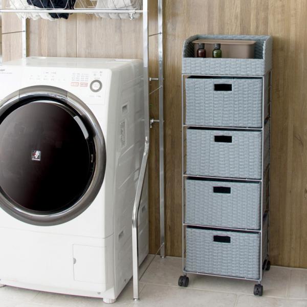 チェストワゴン 4段Lサイズ キャスター付 ラタン調バスケット通気性 アイボリー ブルー 幅36 奥...