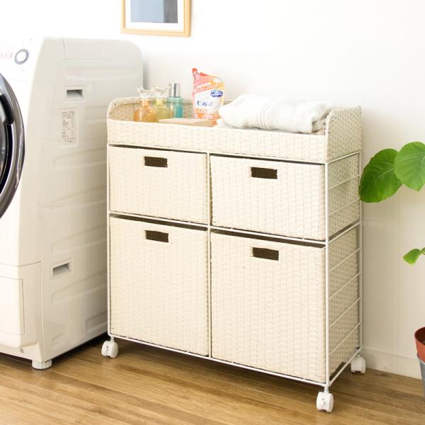 チェストワゴン 2段 Wサイズ キャスター付 ラタン調バスケット通気性 アイボリー ブルー 幅68 ...