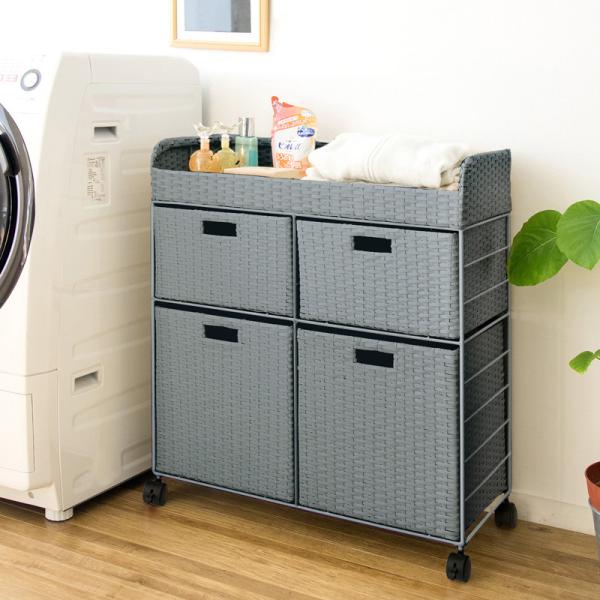 チェストワゴン 2段 Wサイズ キャスター付 ラタン調バスケット通気性 アイボリー ブルー 幅68 ...