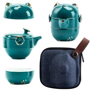 Portable Ceramic Tea Cup Set: Lucky Cat Porcelain Teapot Set with Tea Strai