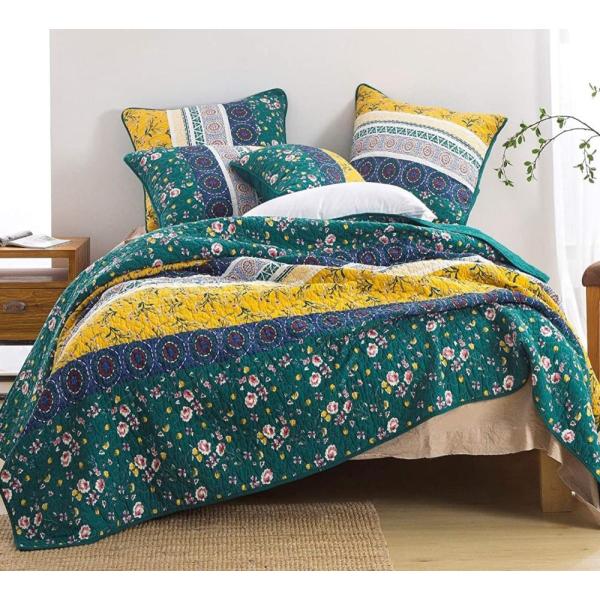 DaDa Bedding ボヘミアンパッチワークベッドスプレッド - 野生の花のコットンベッド クチ...