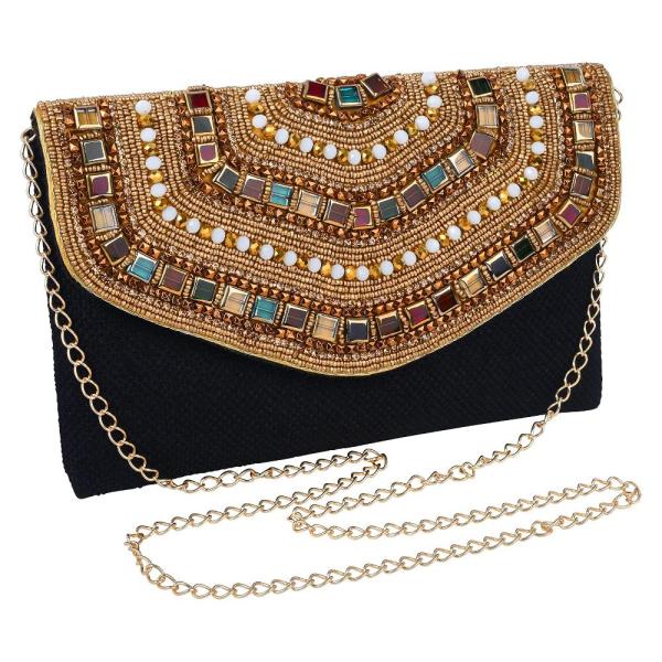 Women&apos;s Black and Gold Beaded Envelope Clutch, Lux...
