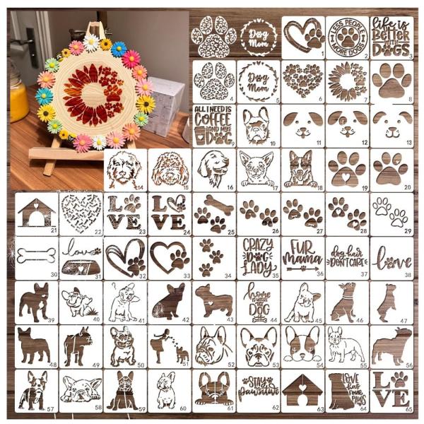 木製ペイント用犬用ステンシル 65枚 犬の足跡 プリントステンシル 再利用可能 ラブドッグペインティ...