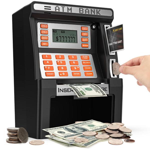 ATM貯金箱 子供用 リアルマネーセーフ デビットカード コイン認識 ビルフィーダー バランス計算機...