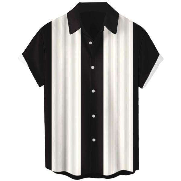 Men&apos;s Black and White Bowling Shirt Short Sleeve B...
