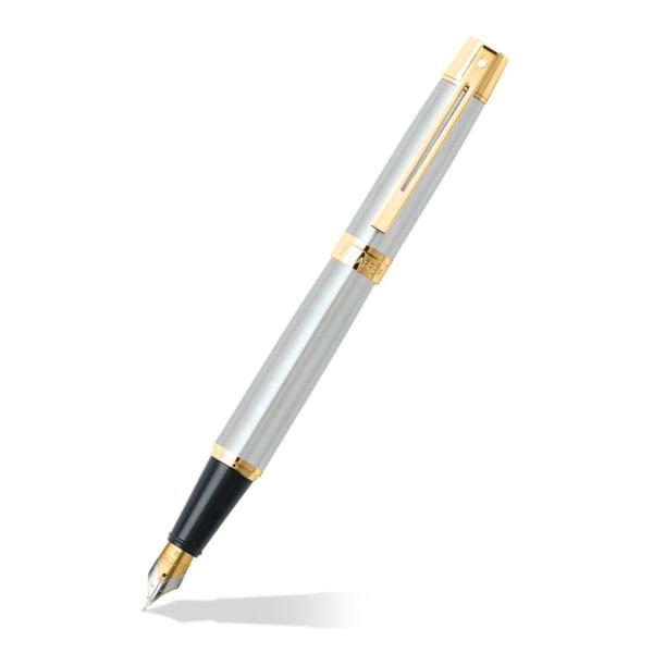 Sheaffer 300 ゴールドトーン トリム万年筆 ミディアムニブ つや消しクローム (E093...