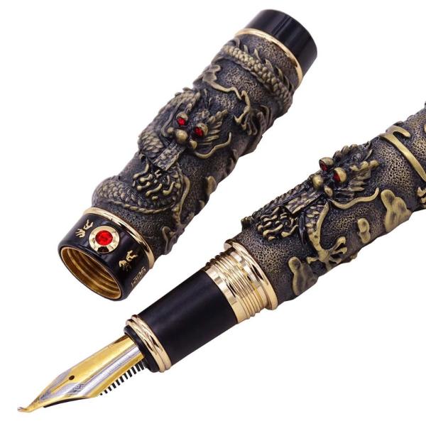 【並行輸入品】Jinhao ブロンズダブルドラゴン3Dエンボスフードペン先万年筆 曲がったペン先 カ...