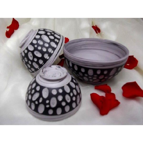茶わん　常滑焼　憲児作 グレーライン黒水玉カット練り込み　3点セット　和陶器