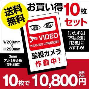 【送料無料】10枚セット 視線でドキ！防犯『監視カメラ作動中』　プレート 看板　w200mm×h290mm camera-10set（10枚組）｜taihei1-store