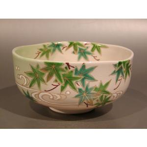 茶道具 抹茶茶碗 金青海波 花丸四季草花、京焼 三代 加藤利昇作 : 佐藤