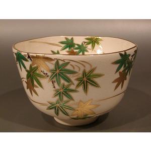 茶道具 抹茶茶碗 色絵 紅葉、京焼 中村清彩作、桐共箱 新品。 : 佐藤