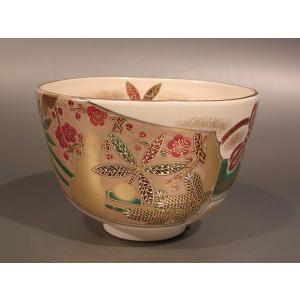 茶道具 抹茶茶碗 色絵 扇面流水 プラチナ釉、 京都 水無月窯 藤谷芳哉